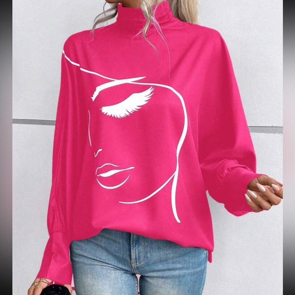 Classic Oversized Pop art Abstract Print Batwing Sleeve Top Blouse Shirt Pink - Picture 4 of 5